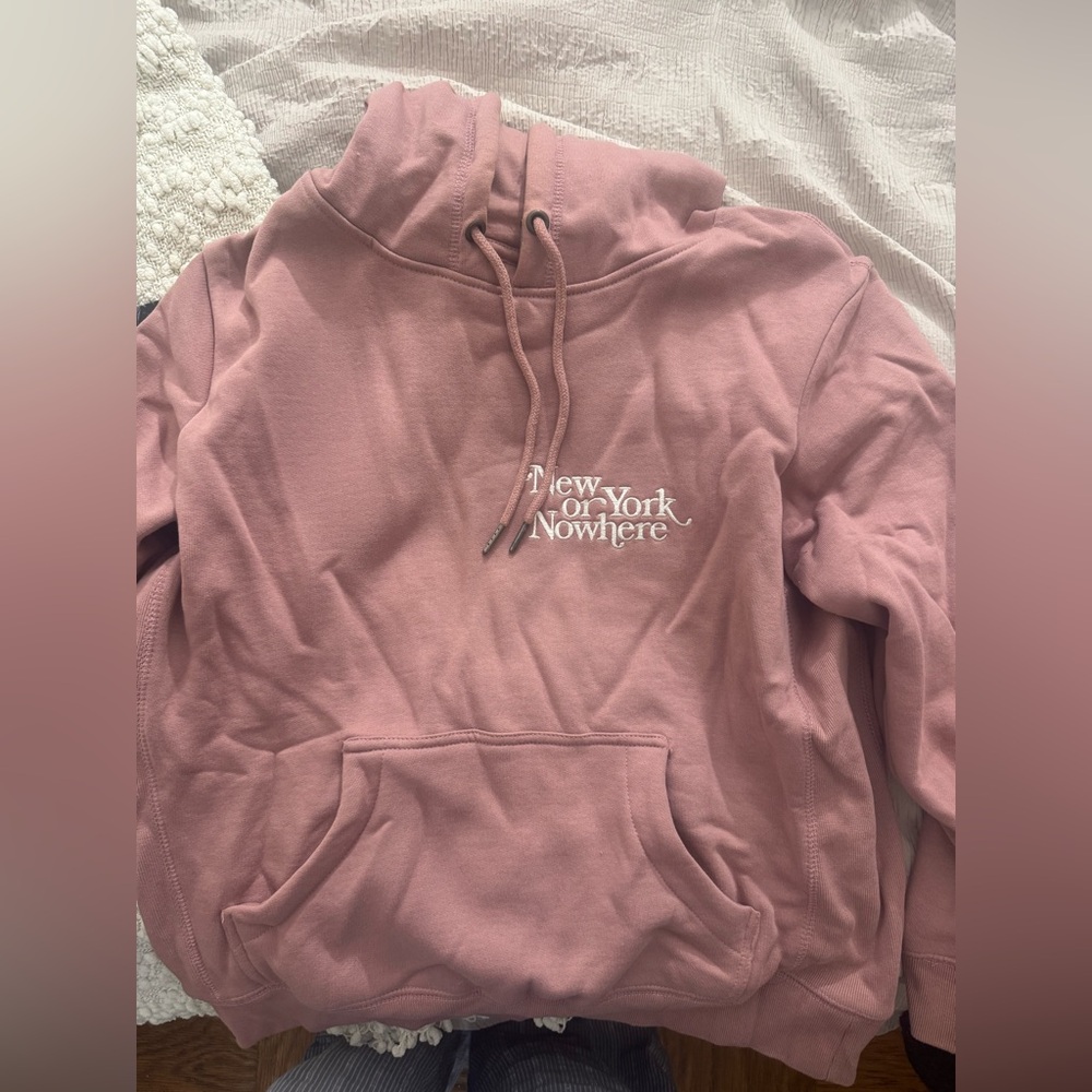 Pink Pullover Hoodie with 'New York Nowhere' Embroidery